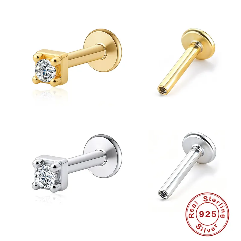 Boucles d'Oreilles Clous Mini en Argent Sterling 925 Hypoallergénique Zircone Dos Plat Labret Tragus Piercing Bijoux Unisexe