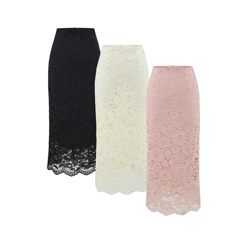 Elegant Women Floral Lace Midi Skirt High Waist Back Split Scalloped Hem Pencil Skirt French Vintage Long Skirt Daily Party