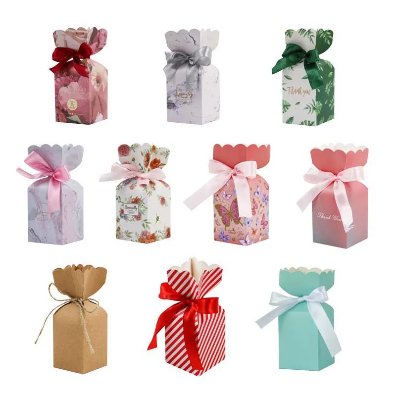European Style Vase Shape Wedding Candy Boxes Paper Gift Packaging With Ribbon Bow Floral Marble Pattern For Party Favors