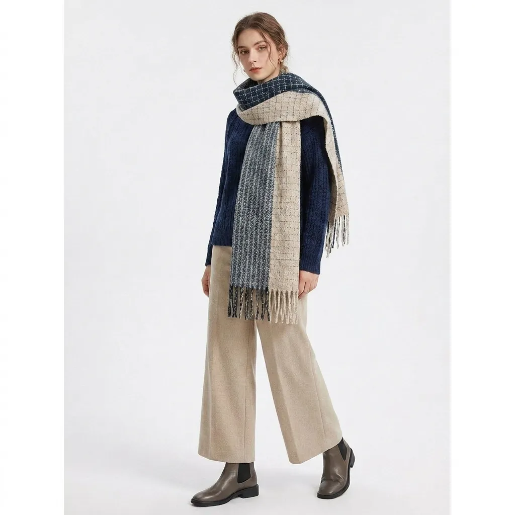 Women Autumn Winter Color Block Plaid Scarf Fashionable Warm Thickened Lengthened Tassel Shawl Wrap Polyester Neck Warmer