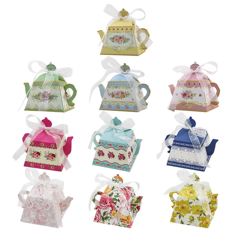 Teapot Shape Candy Gift Boxes Paper Floral Print Gold Accents With Organza Ribbon For Wedding Party Afternoon Tea