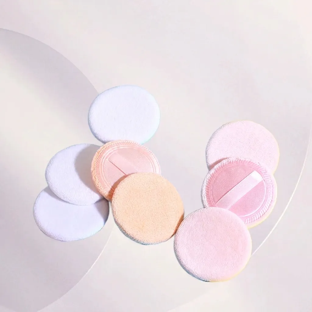 Round Powder Puff Soft Pure Cotton Plush With Ribbon Handle For Loose Powder Application Makeup Tool