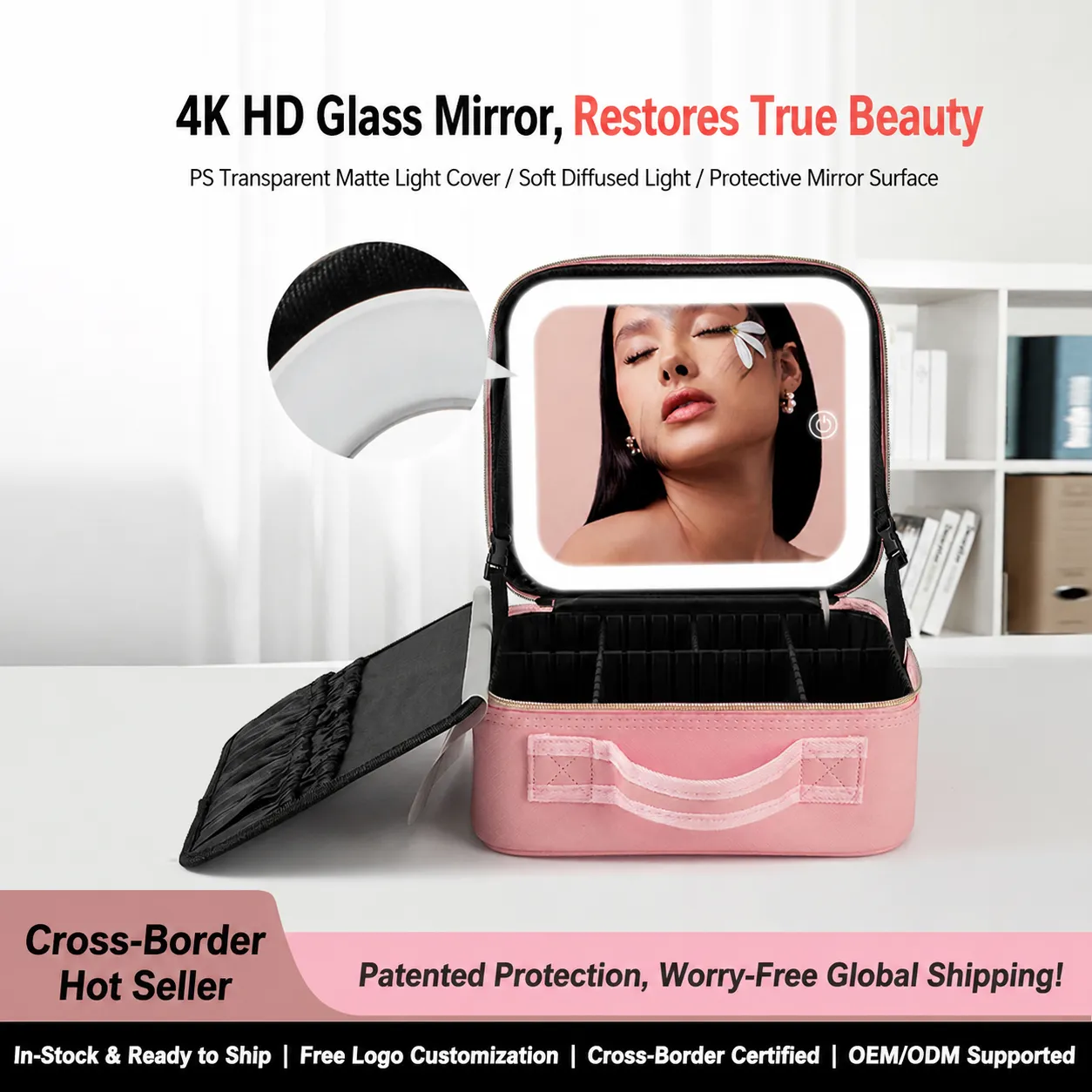 Sac De Voyage Maquillage Avec Miroir LED Cuir PU Trousse Cosmétique Portable Diviseurs Réglables Organisateur Étanche Pour Femmes