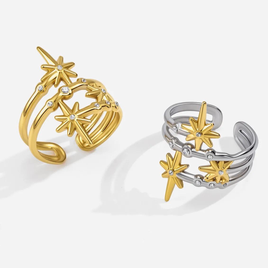 Achtpuntige Ster Zirconia Ring Voor Vrouwen Roestvrij Staal Meerlaags Open Verstelbare Ring Goud Zilver Sieraden