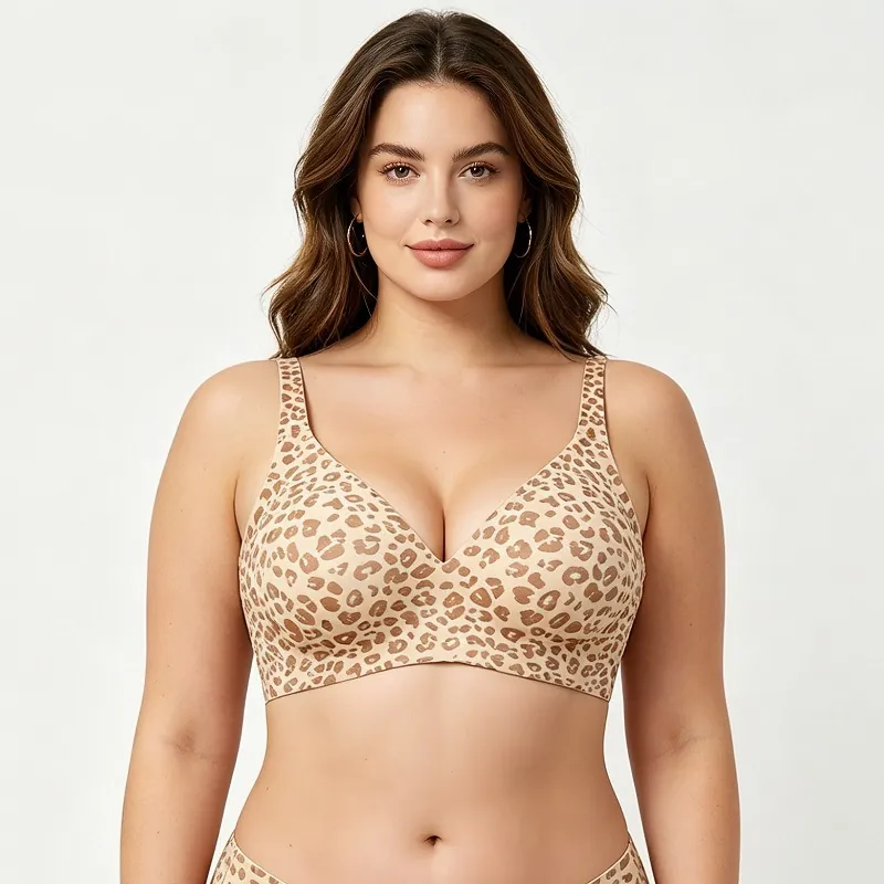 Women Seamless Plus Size Wireless Bra Leopard Print Deep V Neck Soft Support Comfortable Bralette For Everyday Wear