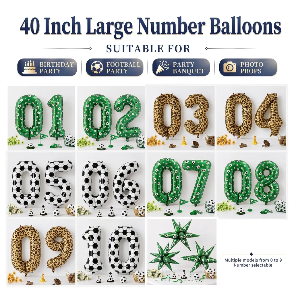 Soccer Theme Number Foil Balloons Leopard Print Large Size Digital Mylar Balloon For World Cup Football Party Fan Decorations