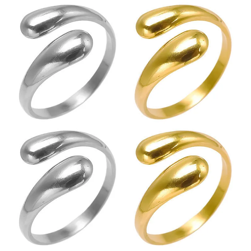 Minimalist Waterdrop Adjustable Open Ring 304 Stainless Steel 18K Gold Plated Geometric Bypass Design Jewelry For Women