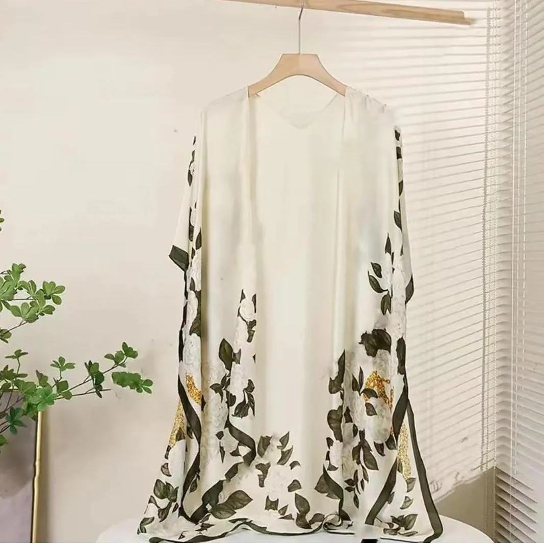 Women's Satin Sunscreen Shawl Kimono Cardigan Long Sleeve Floral Print Beach Cover Up Elegant Retro Scarf Wrap For Summer