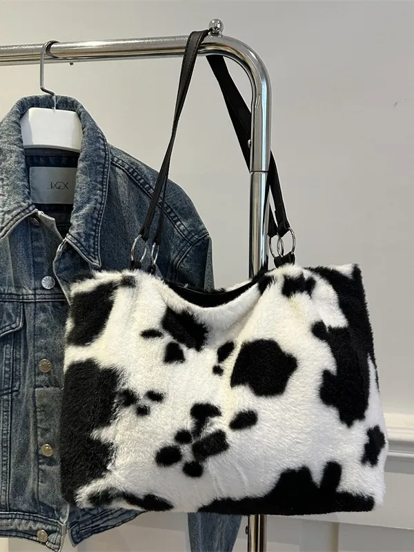Damen Mode Kuhmuster Plüsch Tragetasche Kunstpelz Schultertasche Mit Kunstlederriemen Große Kapazität Lässige Handtasche