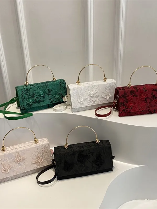 Women Fashion Three-Dimensional Butterfly Embroidery Shoulder Bag Metal Handle Lace Floral Crossbody Handbag Small Square Bag