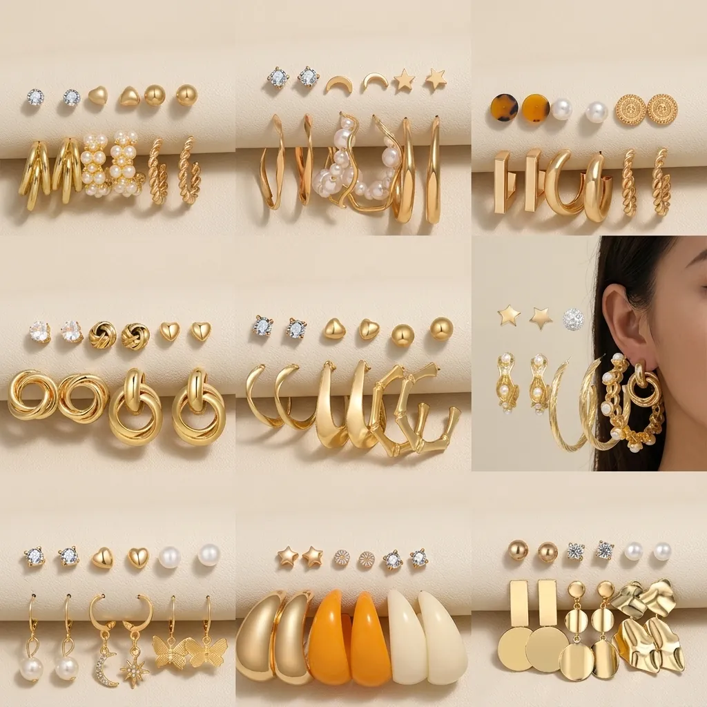 Fashion Alloy Faux Artificial Pearl Crystal Hoop Stud Earrings For Women Gold Silver Butterfly Heart Checkerboard Jewelry Collection