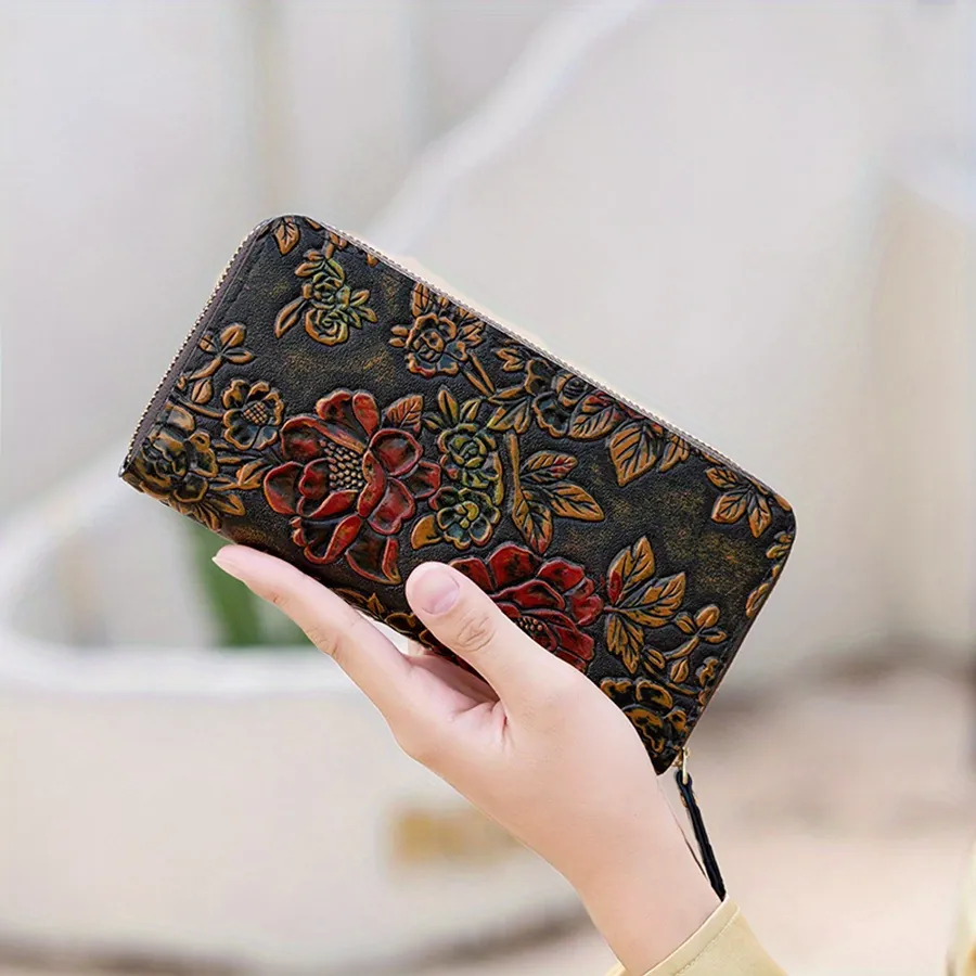 Vintage Women PU Leather Long Wallet 3D Embossed Floral Paisley Pattern Zipper Card Holder Phone Clutch Handbag Gift