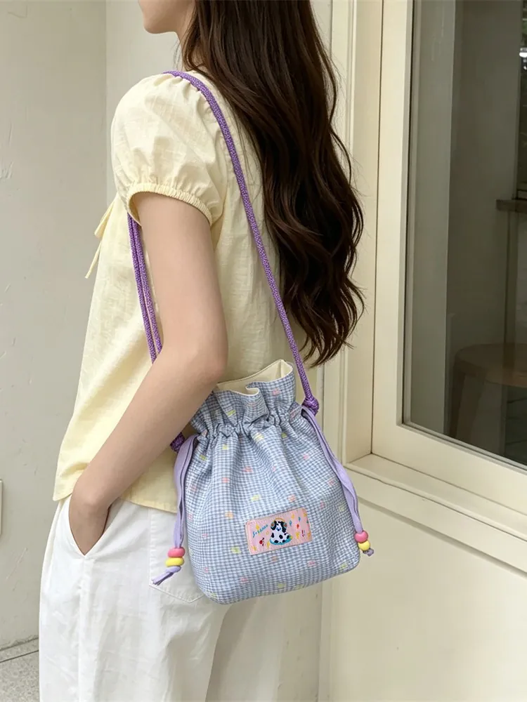 Carina Borsa A Secchiello Con Coulisse Gingham Tela Poliestere Toppa Cartone Animato Tracolla Intrecciata Borsa A Tracolla Casual