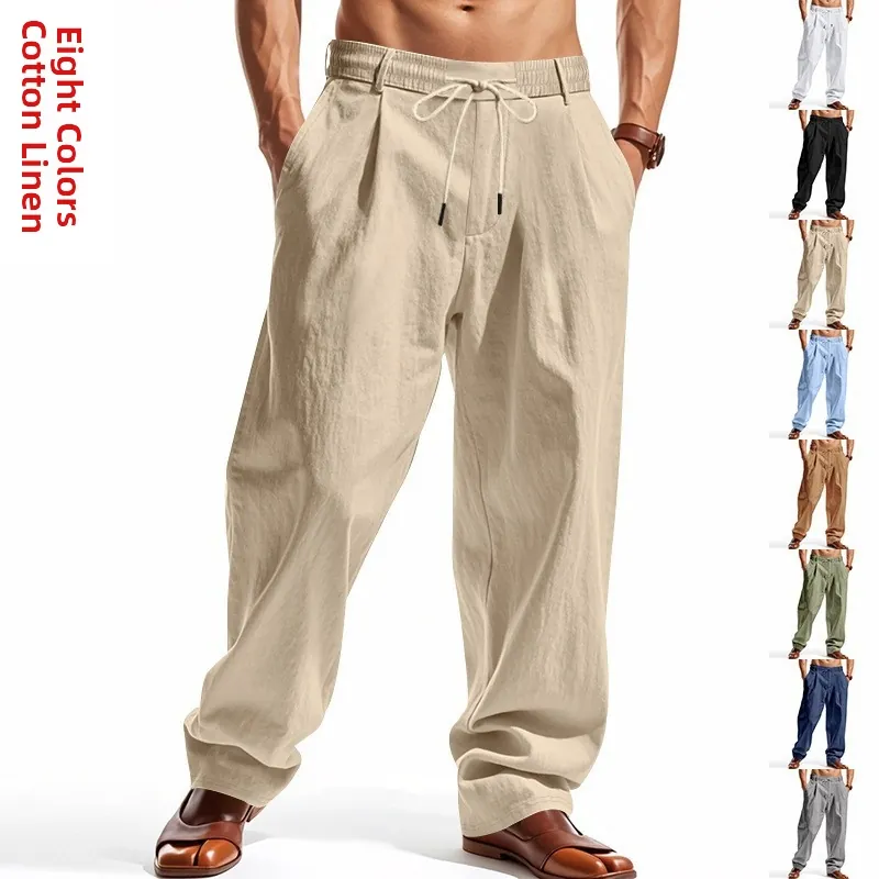 Men's Casual Linen Pants Loose Wide Leg Trousers Drawstring Elastic Waist Beach Sport Straight Pants Linen Blend