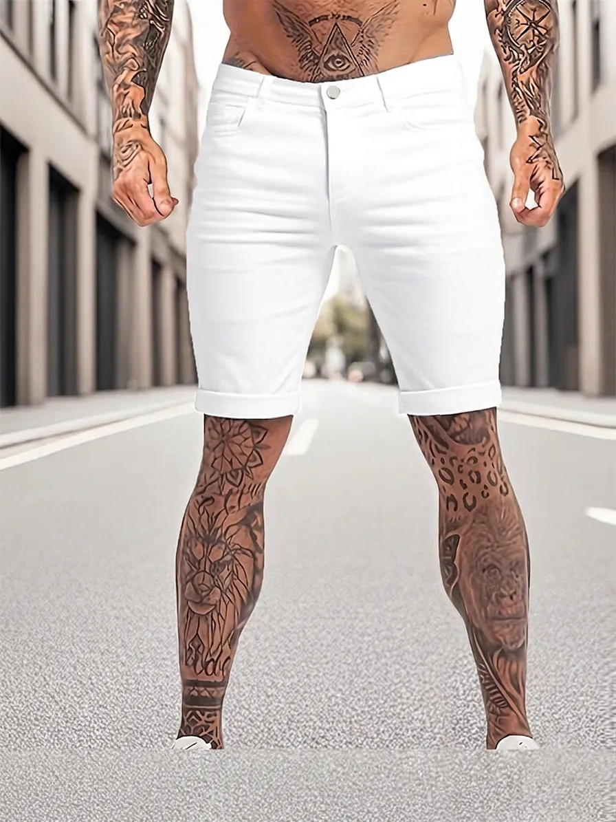 Short Blanc Coupe Étroite Pour Hommes En Mélange De Coton Haute Élasticité Cinq Poches Ourlet Retroussé Mode Décontractée Quotidienne