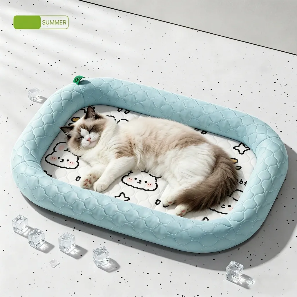 Cooling Ice Satin Pet Bed Summer Breathable Cat Mat With Detachable Pillow Fruit Animal Pattern For Small Dogs Cats