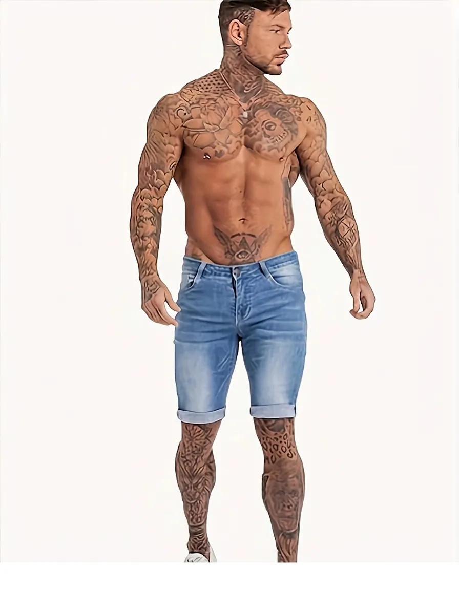 Men Slim Fit Washed Denim Shorts Sky Blue Cuffed Hem Stretch Shorts Casual Street Summer Cotton Blend Denim Bottoms