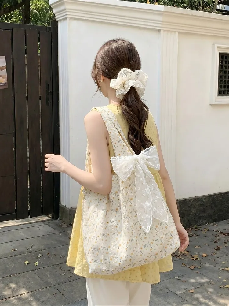 Korean Style Embroidered Floral Canvas Tote Bag Large Capacity Casual Shoulder Bag For Women Students Daily Commute