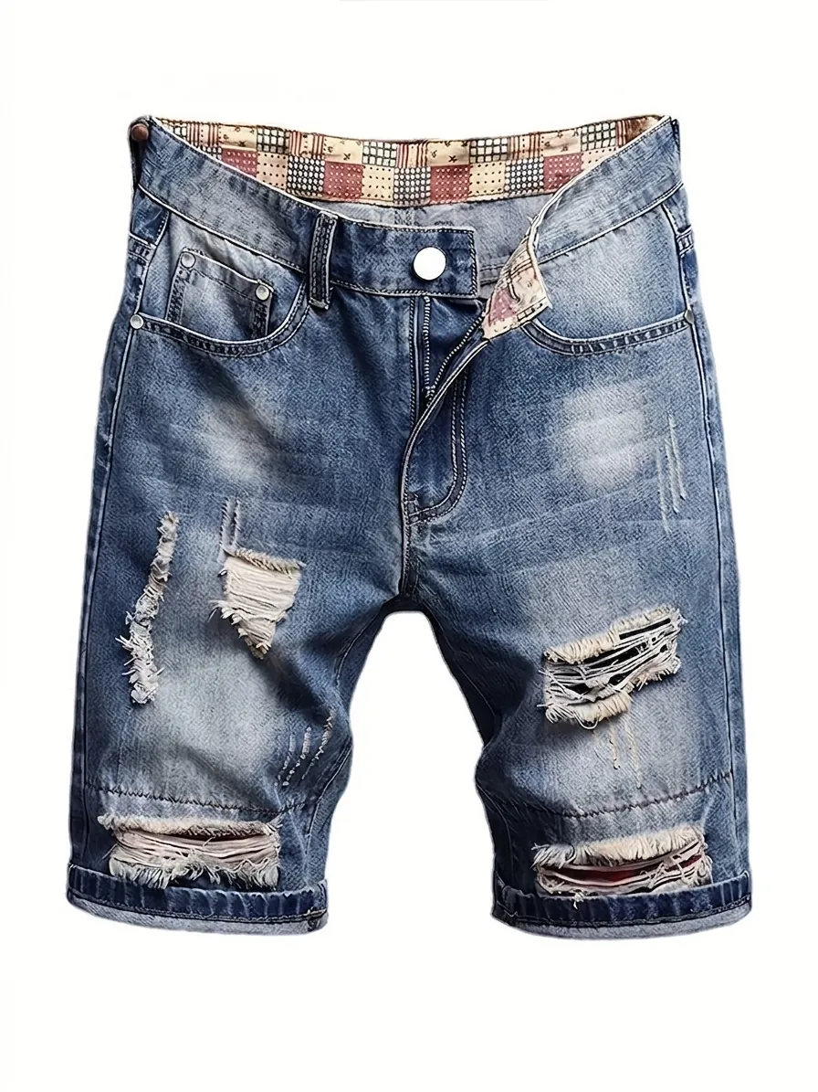 Men's Ripped Denim Shorts Distressed Cotton Blend Five Pocket Casual Loose Fit Summer Shorts Navy Blue Retro Streetwear