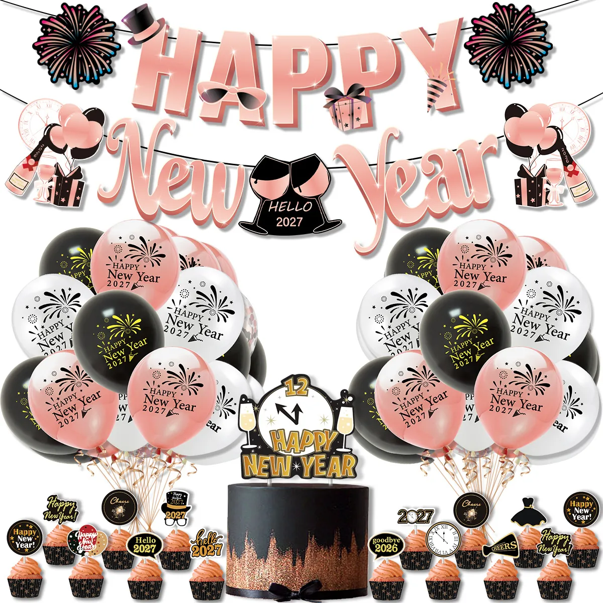 Happy New Year 2026 Party Decoration Banner Latex Balloons Cake Toppers Rose Gold Black White Festive Celebration Eve