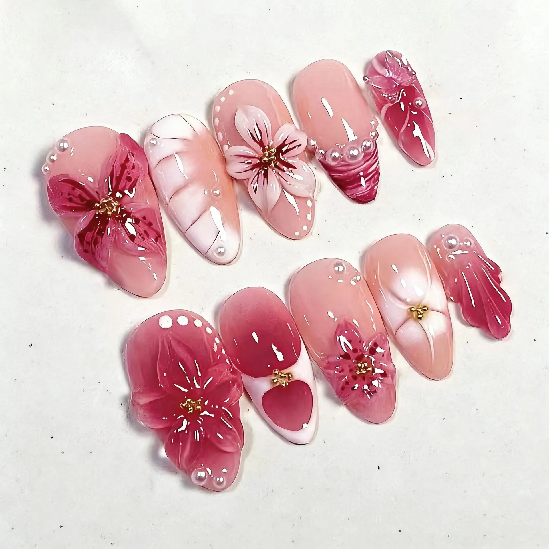 Almond Press On Nails With 3D Flowers Artificial Pearls Rhinestones Gradient Handmade Style False Nails For Women