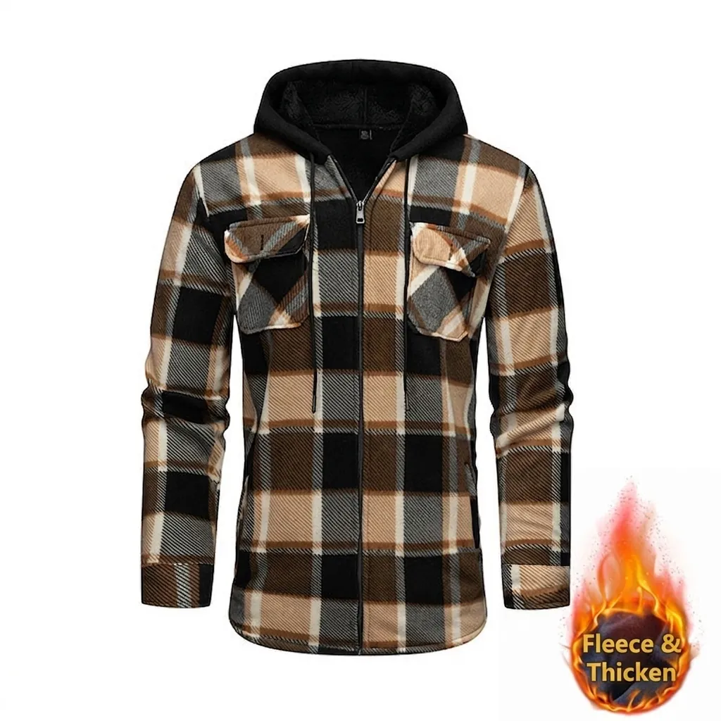 Men's Hooded Plaid Fleece Lined Jacket Winter Warm Color Block Zip Up Cardigan Jacket Casual Outdoor Windbreaker Top
