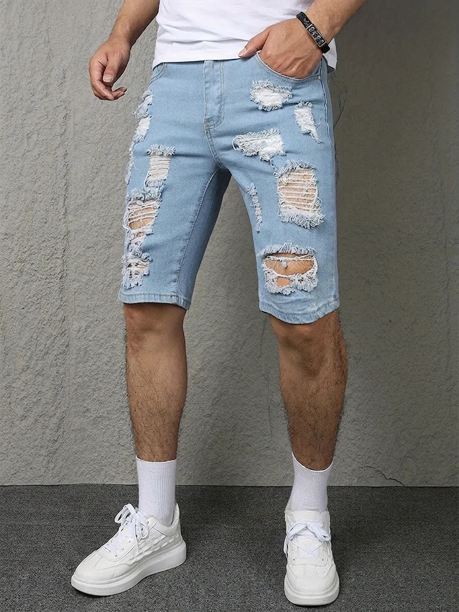 Men's Distressed Ripped Denim Shorts Light Blue Washed Cotton Blend Summer Slim Fit Streetwear Shorts For Men Fashion Hip Hop Style