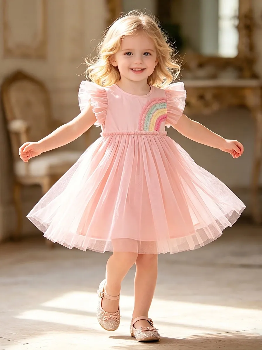 Little Maven Girls Pink Mesh Tulle Princess Dress Cute Rainbow Embroidery Short Sleeve Cotton Summer Party Dress Kids