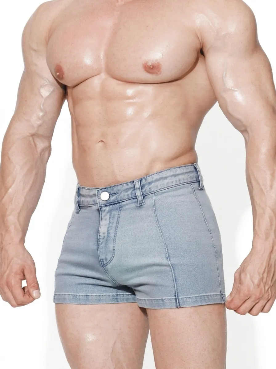 Short en Jean Moulant pour Hommes Haute Élasticité Taille Haute Mini Hot Pants Sexy Mélange de Coton Été Décontracté