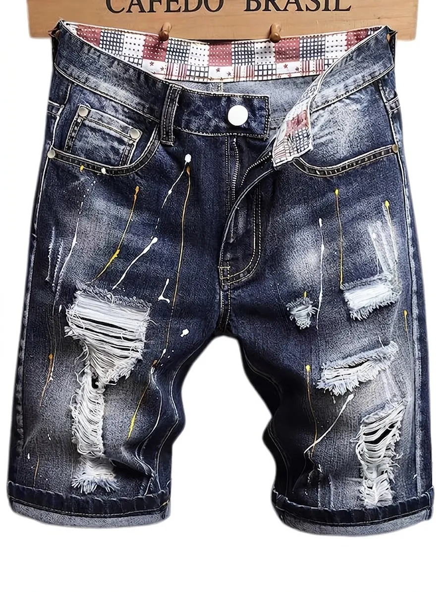 Short en Jean Déchiré pour Hommes Style Streetwear Américain Éclaboussures de Peinture Pantalon en Jean pour Été Décontracté