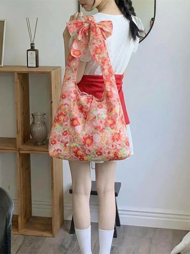 Women Floral Print Shoulder Bag Polyester Fabric Large Capacity Bowknot Strap Korean Style Summer Casual Tote