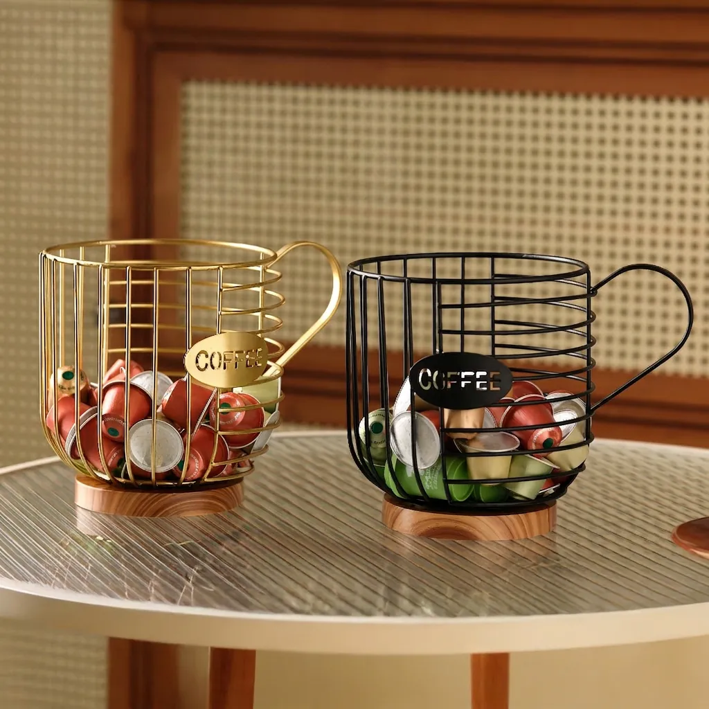 Coffee Capsule Holder Basket Cup Shape Metal Iron Wire Coffee Pod Organizer With Wood Base Hollow For Kitchen Desktop