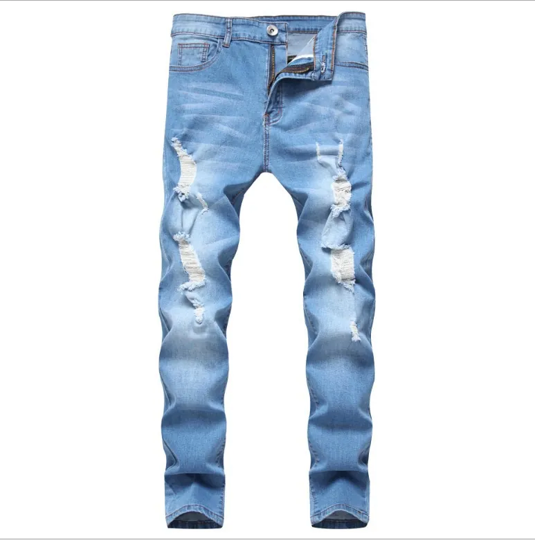 Men's Slim Fit Ripped Denim Jeans Stretchy Distressed Washed Casual Mid Waist Streetwear Cotton Blend Full Length Trousers