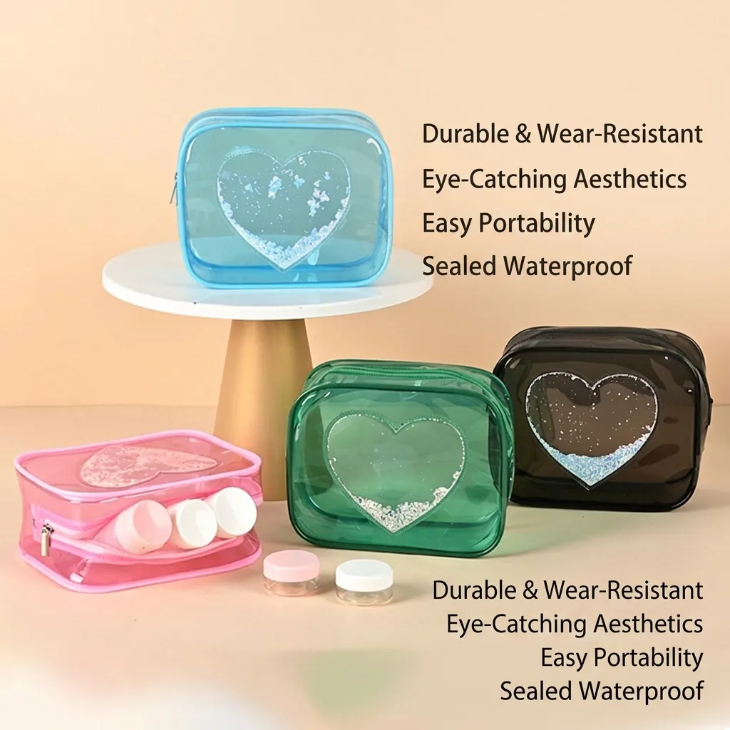 Transparent PVC Makeup Bag Heart Sequin Glitter Toiletry Pouch Waterproof Travel Storage Cosmetic Case Women