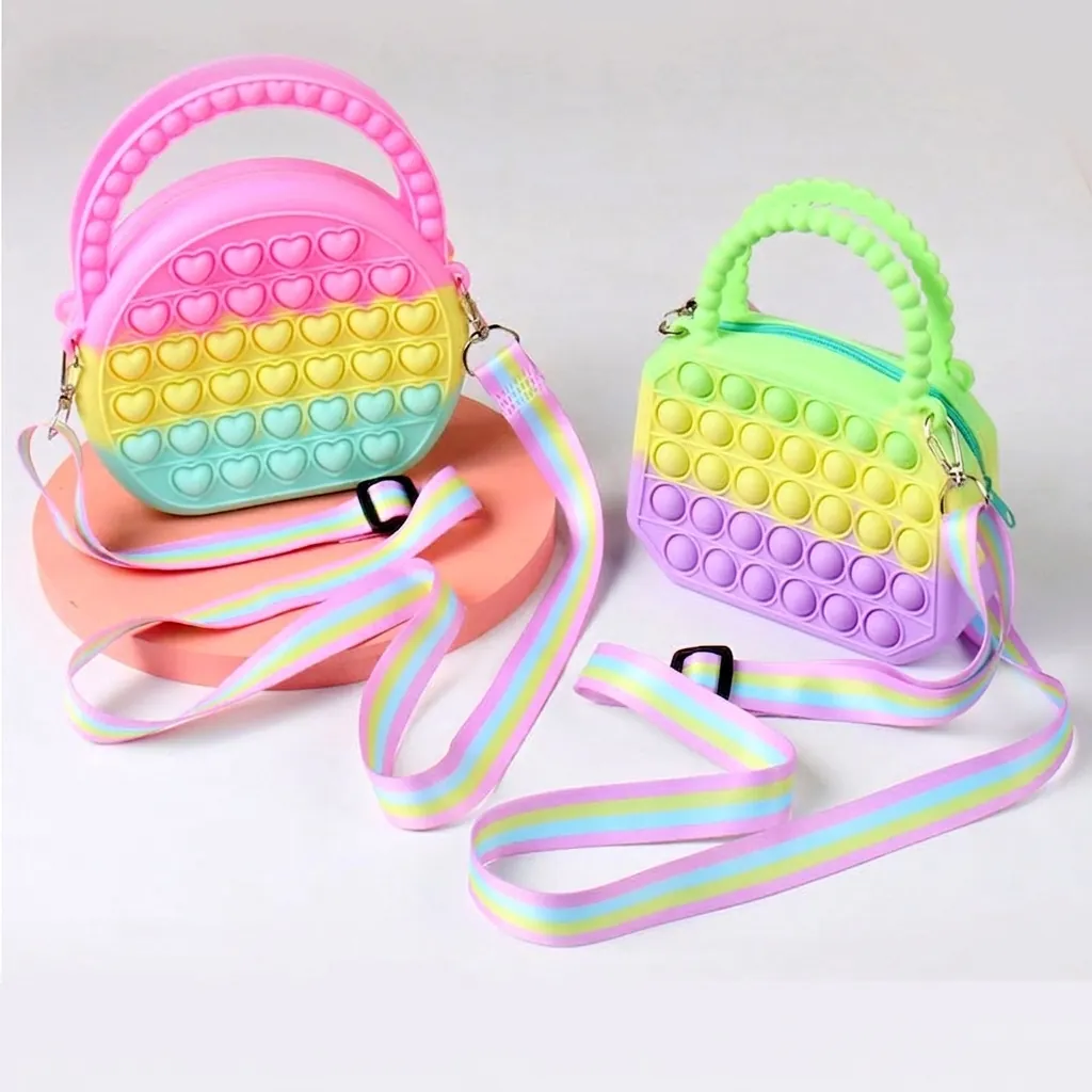 Pop It Silicone Handbag Heart Bubble Crossbody Bag For Kids Girls Rainbow Macaron Sensory Fidget Toy Purse With Adjustable Strap