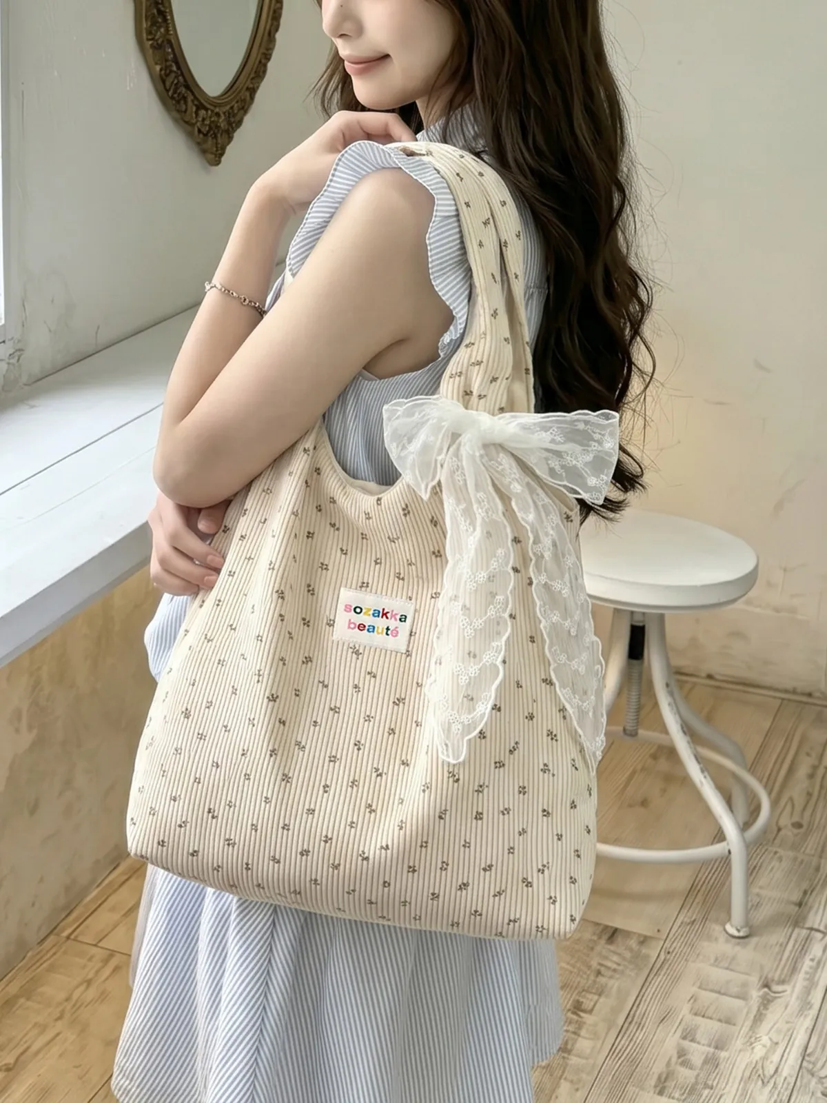Sac Cabas En Velours Côtelé À Fleurs Grande Capacité Style Japonais Sac À Main Rétro