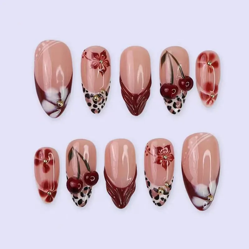 Almond Press On Nails French Burgundy Red With Leopard Print Cherry Flower 3D Embossed Gold Beads Resin Fake Nails Women