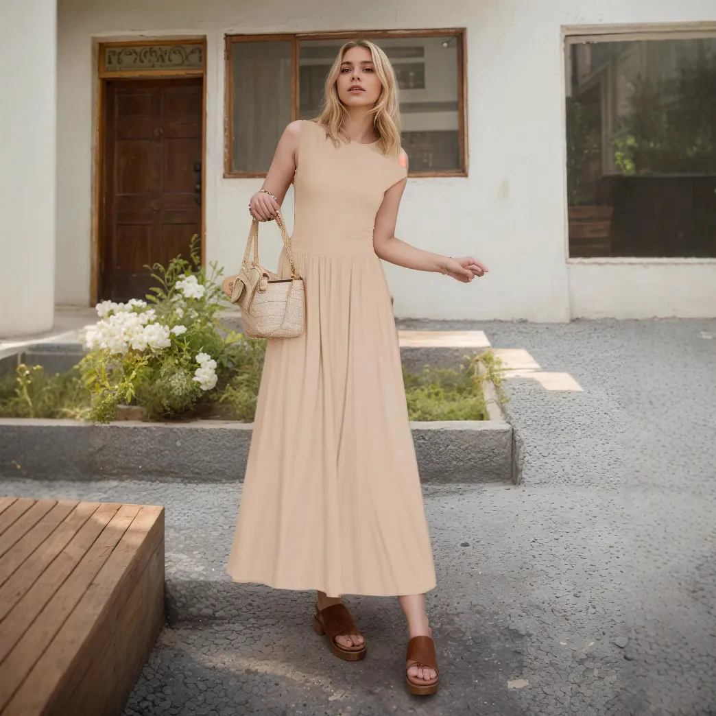 Women Casual Asymmetric One Shoulder Maxi Dress With Pockets Cotton Blend Sleeveless Loose Swing Summer Vacation Party Long Dress