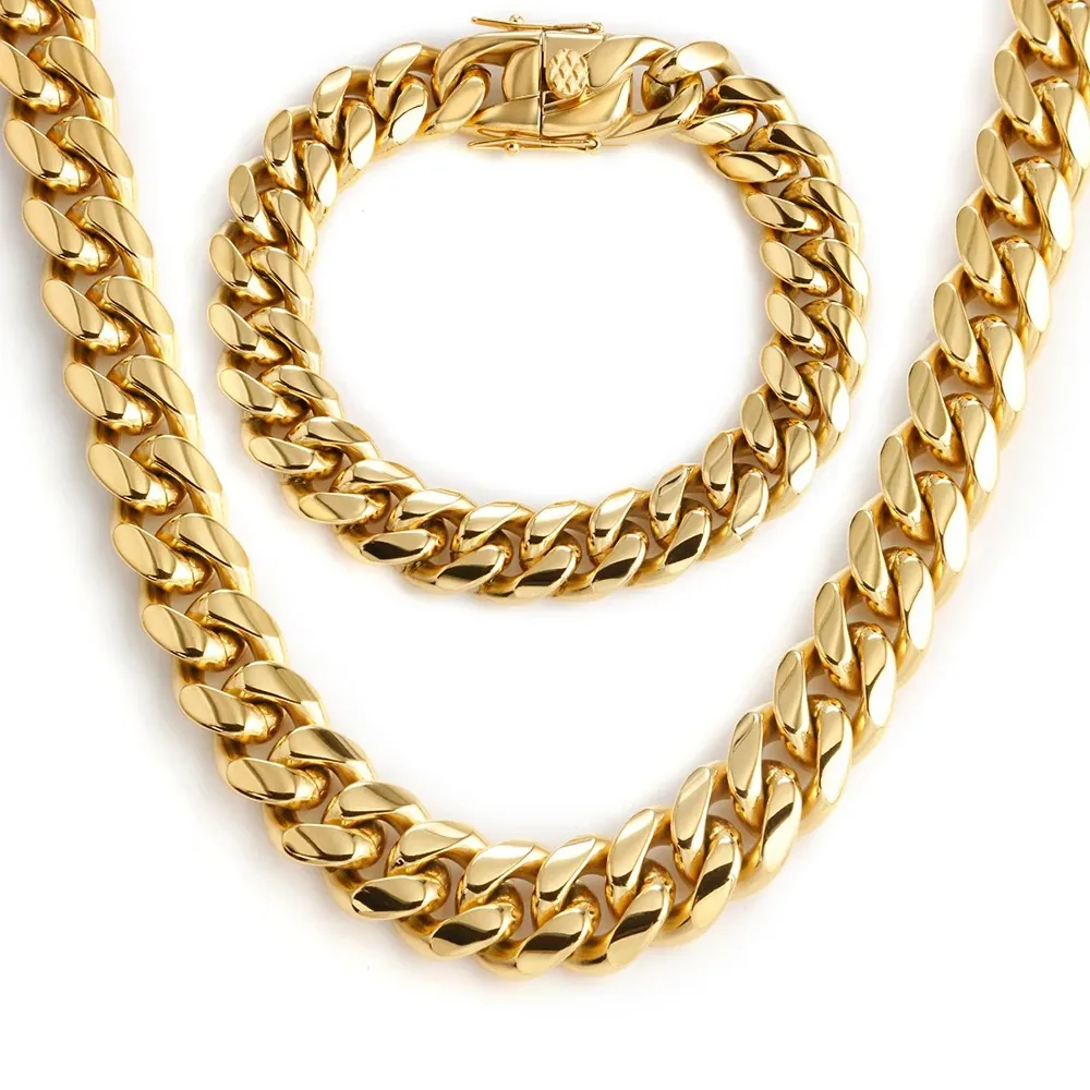 Collana in Acciaio Inossidabile Catena Cubana Placcata Oro 18K Lucidata a Specchio Hip Hop Gioielli Donna Uomo