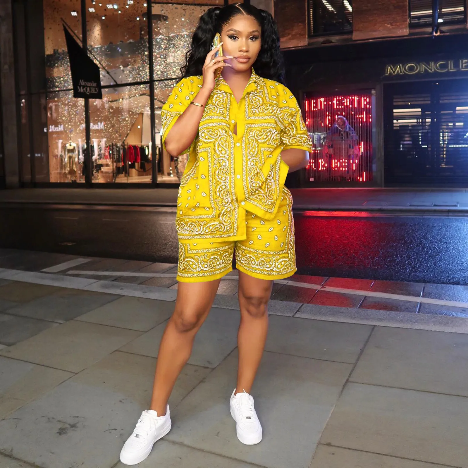 Women Casual Paisley Print Short Sleeve Button Down Shirt And Shorts Outfits Summer Streetwear Fashion Clothing