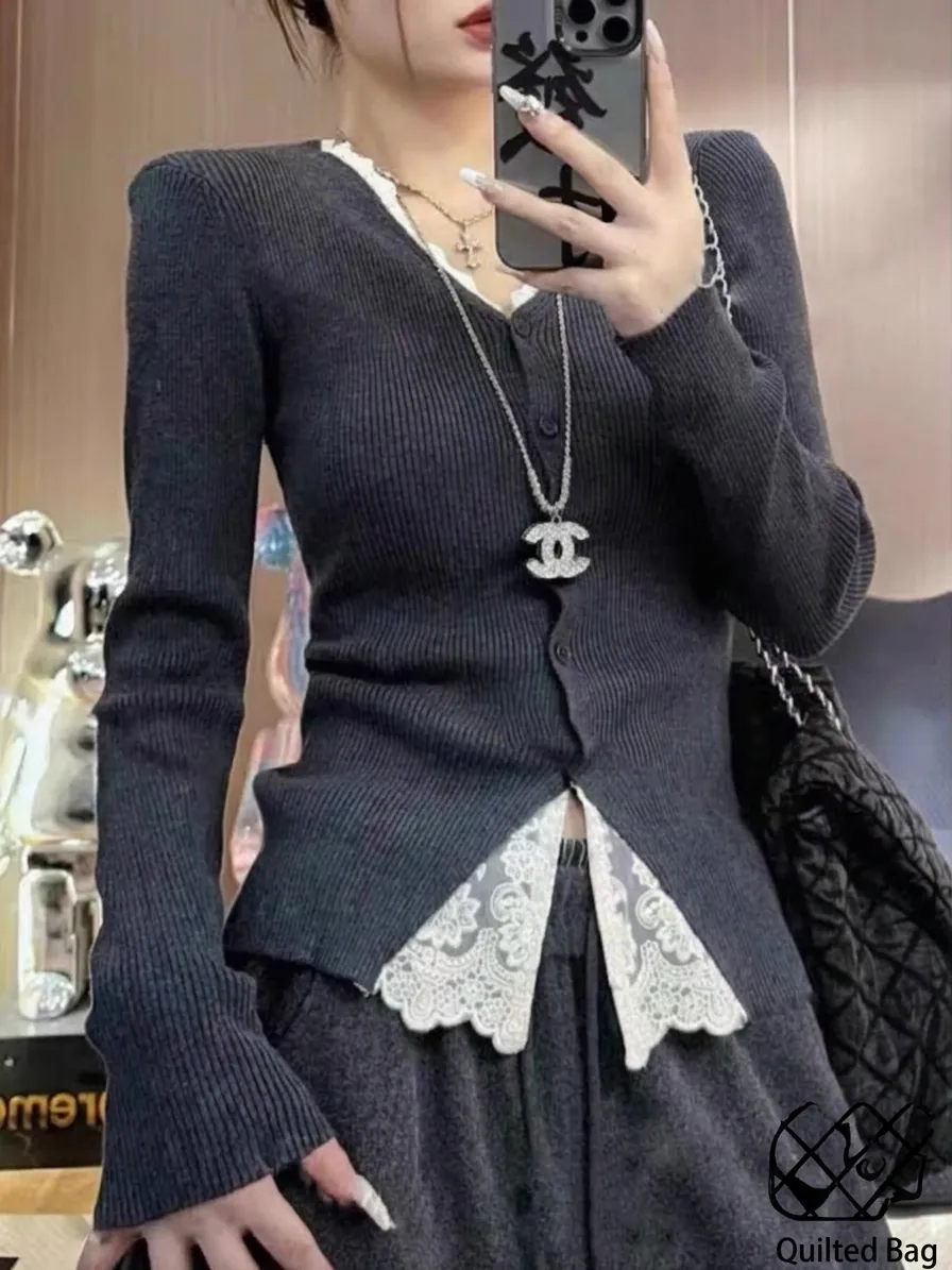 Women's Elegant Lace Patchwork V-Neck Knit Top Long Sleeve Slim Fit Color Block Pullover Casual Ribbed Sweater