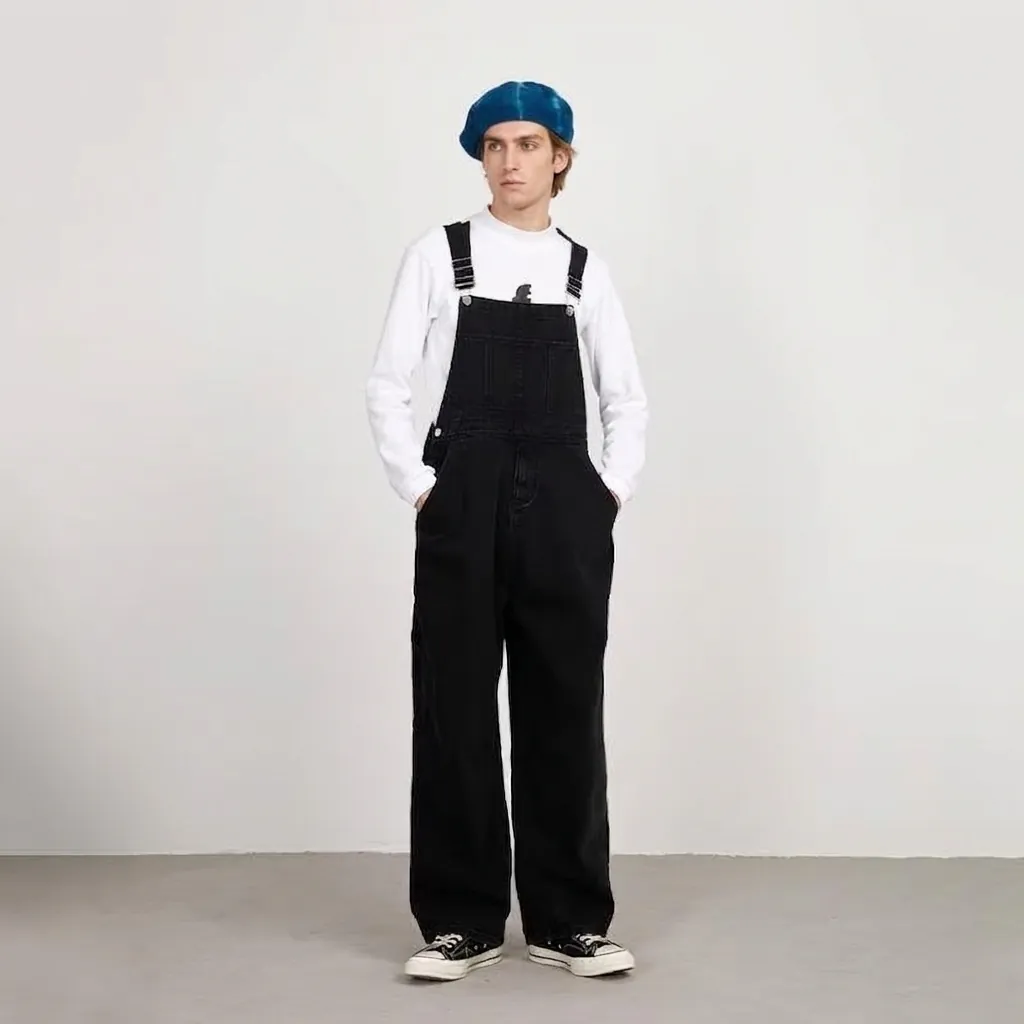 Salopette en Jean Style High Street Hommes Femmes Unisexe Ample Droit Combinaisons Vintage Lavé Vêtements de Travail Cargo Pantalon à Bretelles