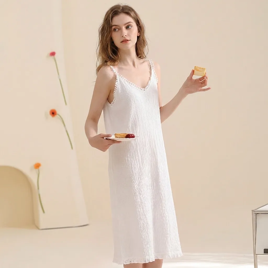Women Sexy Cotton V-Neck Cami Nightgown Lace Trim Sleeveless Solid Color Long Sleepwear Dress For Summer Home