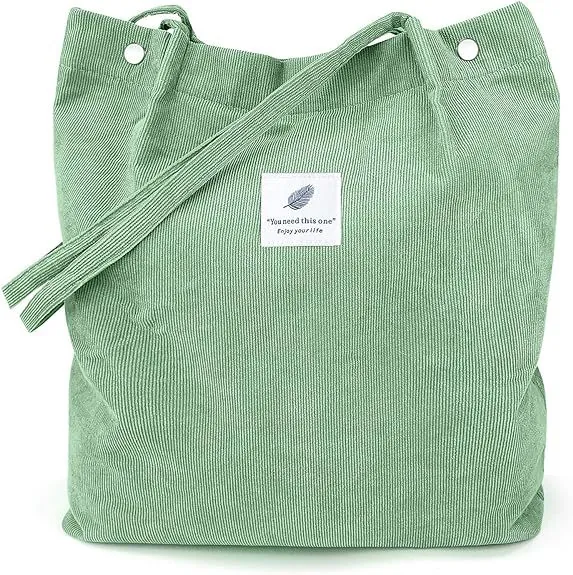 Women's Corduroy Tote Bag Large Capacity Casual Shoulder Bag With Magnetic Snap Inner Pocket Patch Design For School Travel Shopping Daily