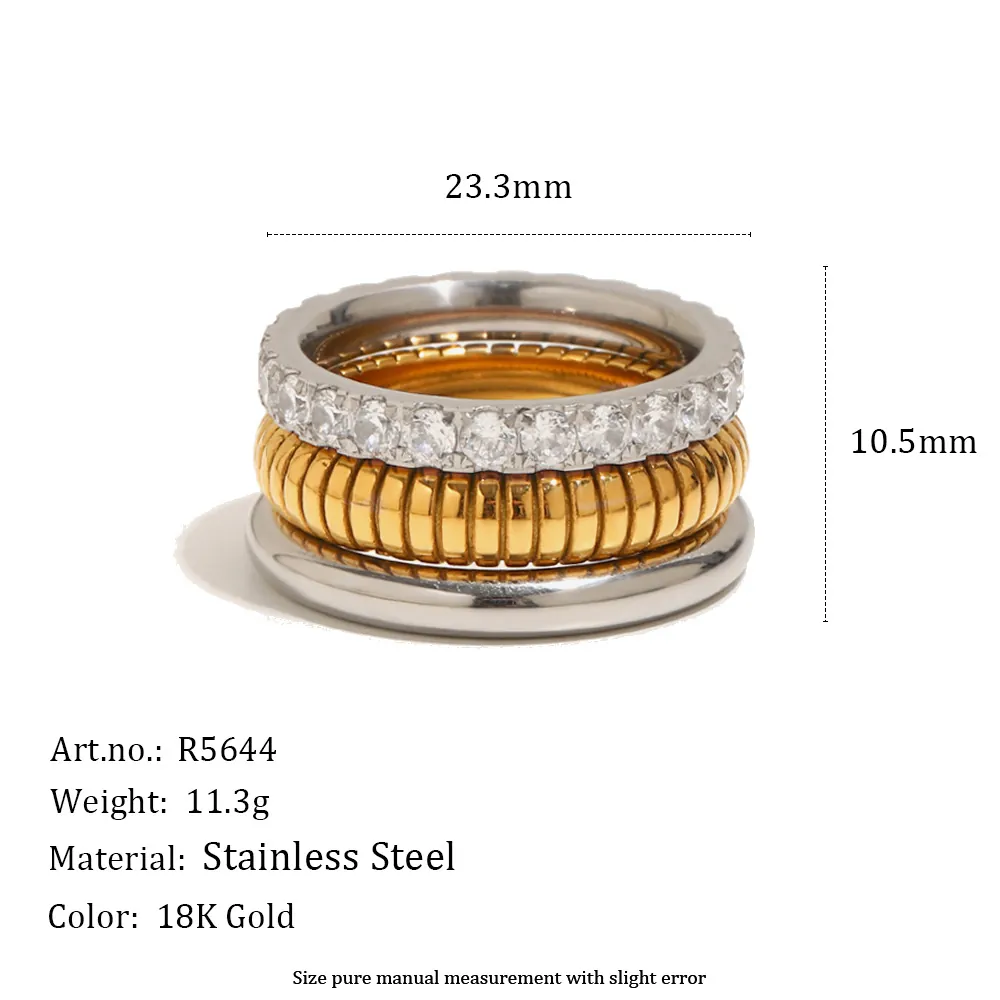 Europäischer Amerikanischer INS Stil Edelstahl 18K Vergoldet Dreischichtige Stapelbar Ring Zirkonia Eingelegt Geometrisch Ring