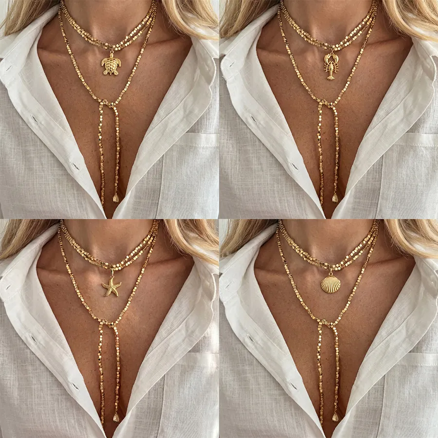 Collana a Strati di Perline Irregolari CCB Oro Boemo per Donna Conchiglia Lumaca di Mare Stella Marina Tartaruga Pendente Choker Leghe Collane