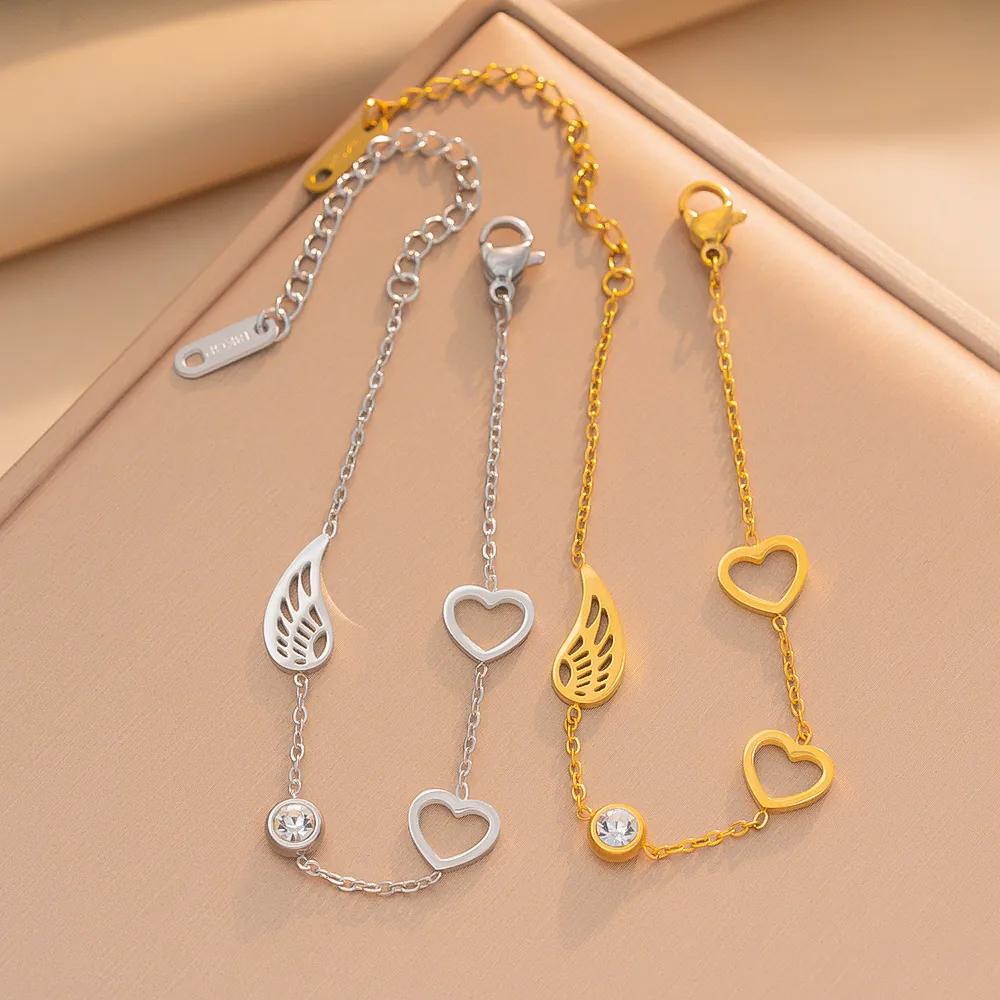 Exquise Roestvrij Stalen Hart Vleugel Hanger Armband Voor Vrouwen Goud Zilver 18K Vergulde Strass Verstelbare Charm Armband Sieraden