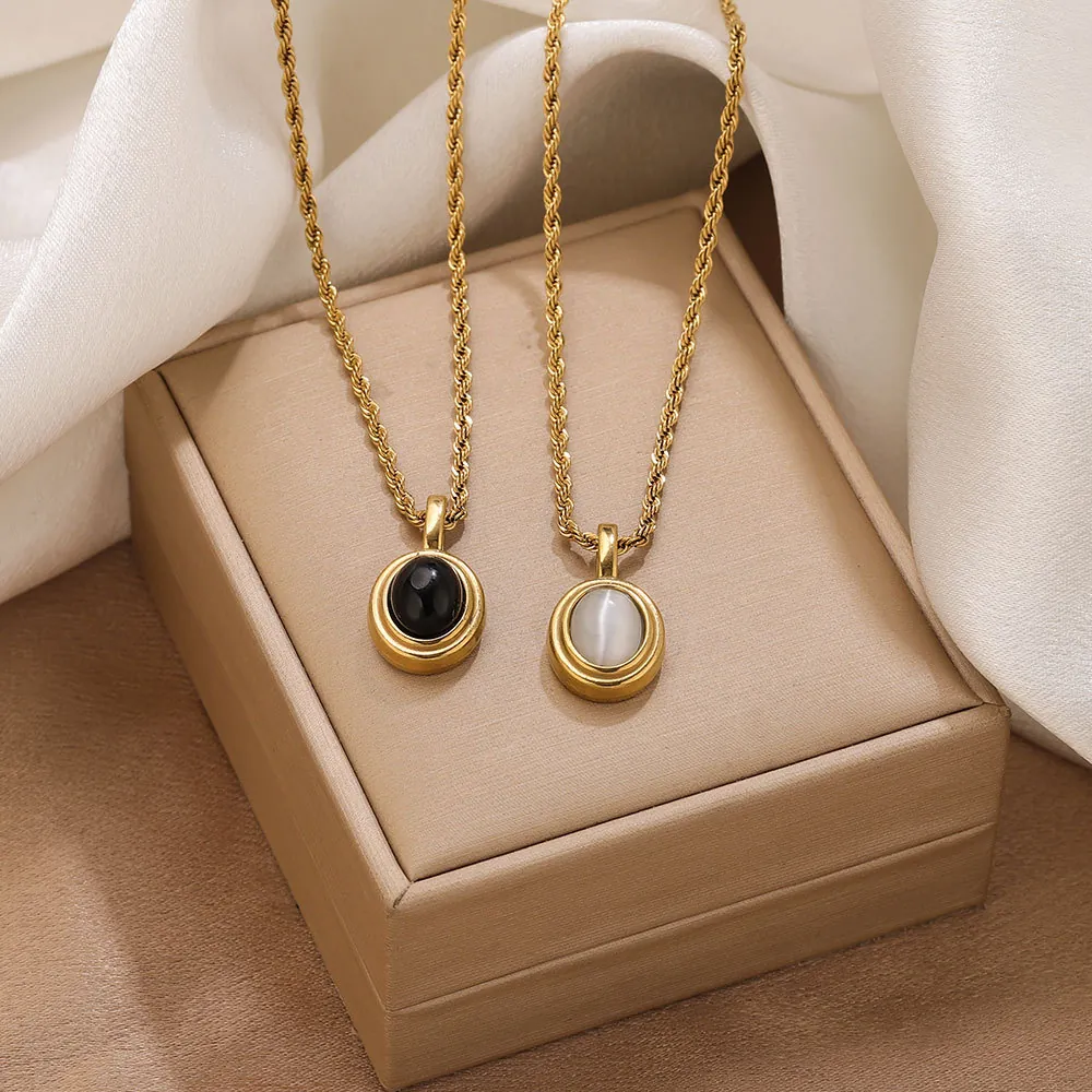 Vintage Stainless Steel Rope Chain Necklace For Women Minimalist Oval Obsidian Cat Eye Stone Pendant Sweater Necklace Jewelry