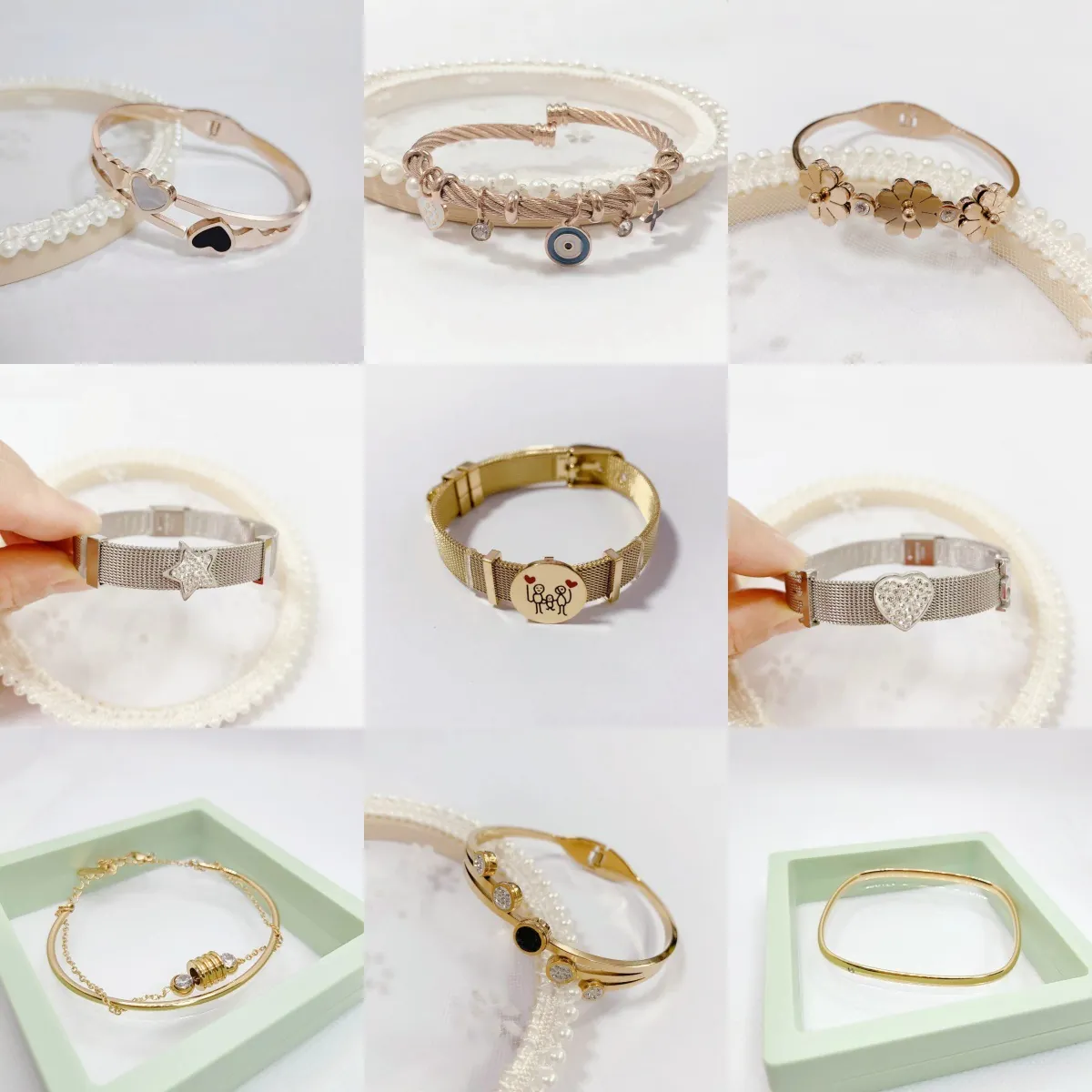 Fashion Titanium Steel Bracelet For Women Watchband Mesh Bangle With Rhinestone Heart Evil Eye Clover Polished Jewelry