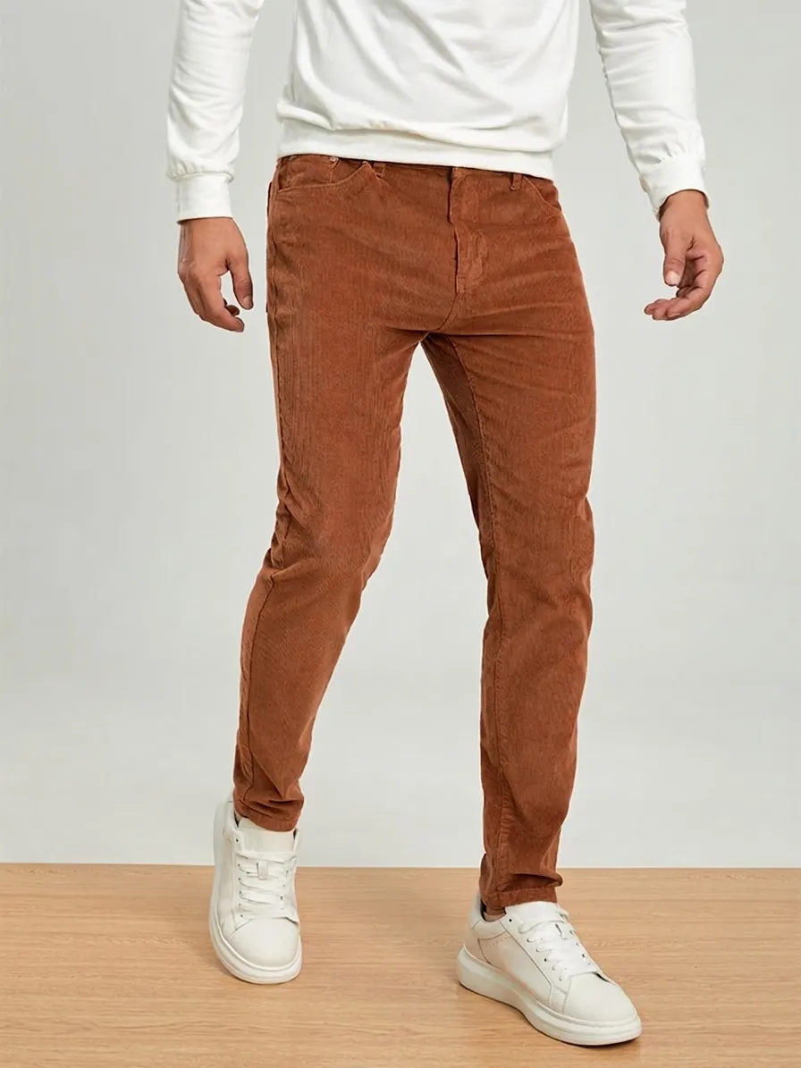 Men's Corduroy Casual Pants Solid Color Cotton Blend Slim Fit Straight Leg Trousers For Business Daily Office Wear